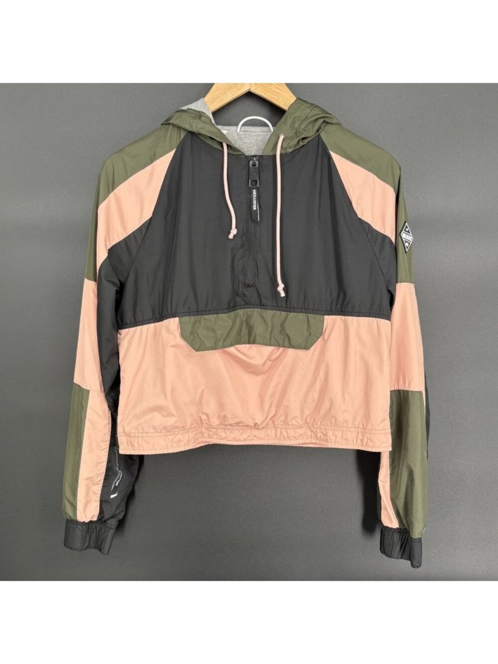 Hollister Womens Cropped Colorblock Windbreaker Hooded Jacket S Pink Black Green